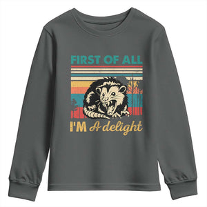 Funny First Of All I Am A Delight Youth Sweatshirt Retro Angry Opossum TS11 Dark Heather Print Your Wear