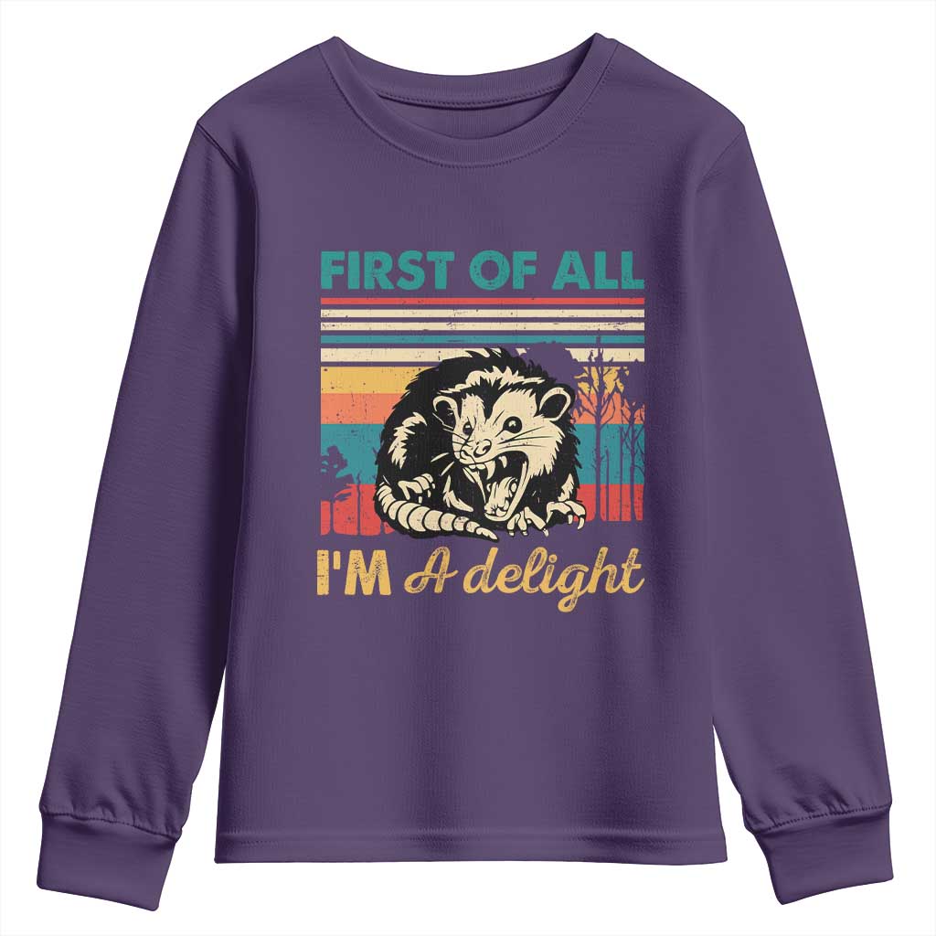 Funny First Of All I Am A Delight Youth Sweatshirt Retro Angry Opossum TS11 Purple Print Your Wear