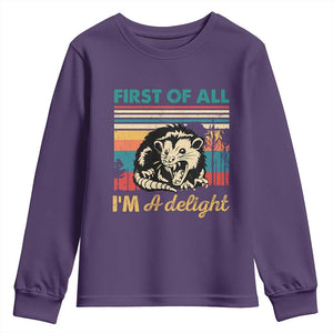 Funny First Of All I Am A Delight Youth Sweatshirt Retro Angry Opossum TS11 Purple Print Your Wear