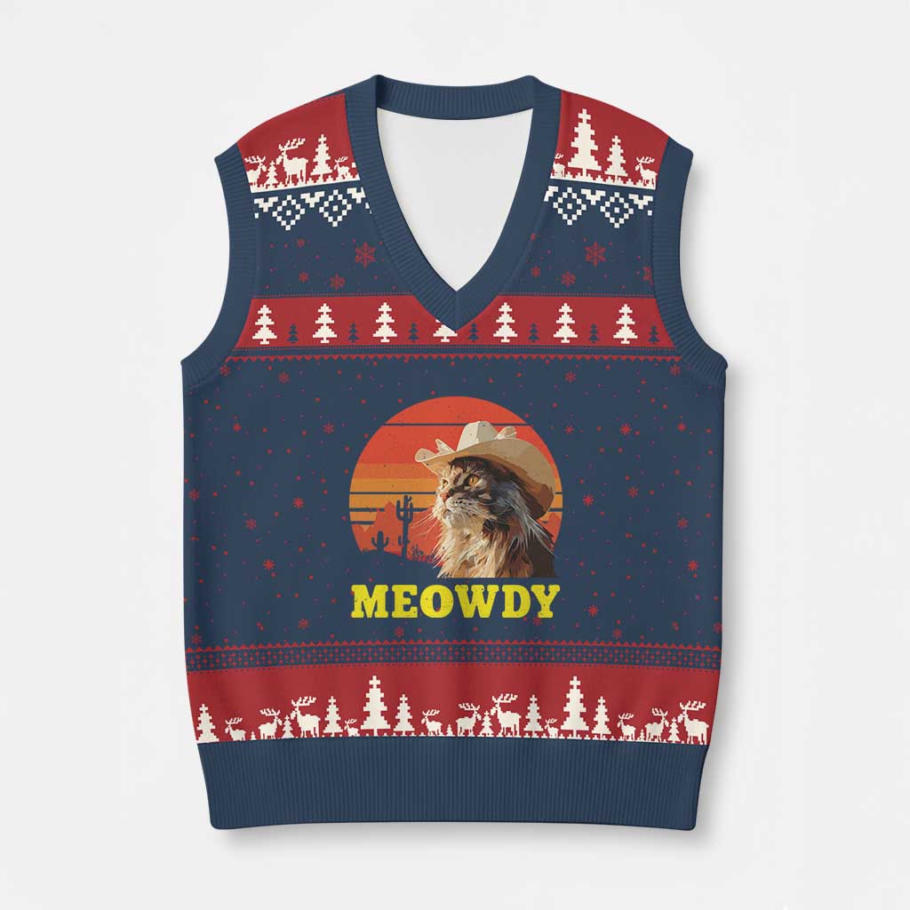 Funny Meowdy V-Neck Knit Sweater Vest Country Music Western Cowboy Cat TS11 Navy Red Print Your Wear