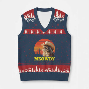 Funny Meowdy V-Neck Knit Sweater Vest Country Music Western Cowboy Cat TS11 Navy Red Print Your Wear