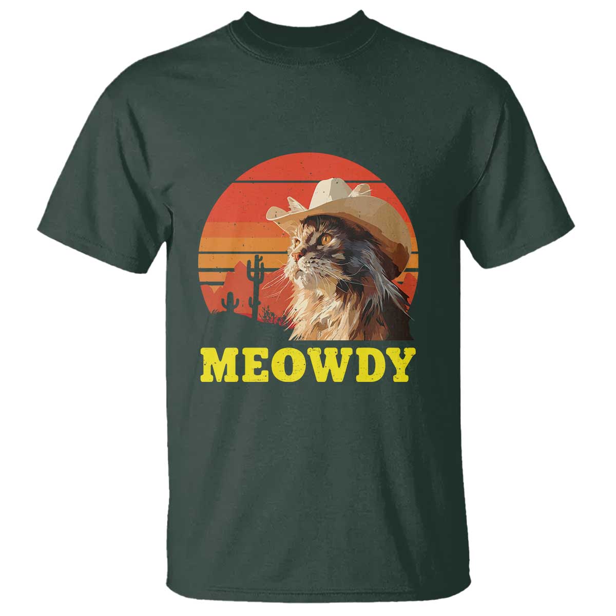 Funny Meowdy T Shirt Country Music Western Cowboy Cat TS11 Dark Forest Green Print Your Wear