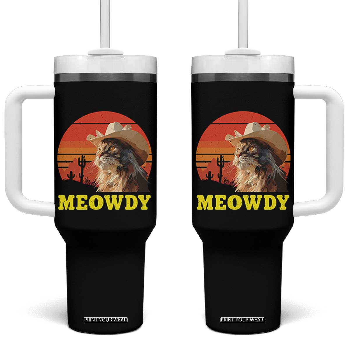 Funny Meowdy Tumbler With Handle Country Music Western Cowboy Cat TS11 One Size: 40 oz Black Print Your Wear