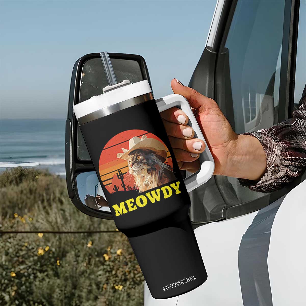 Funny Meowdy Tumbler With Handle Country Music Western Cowboy Cat TS11 Print Your Wear