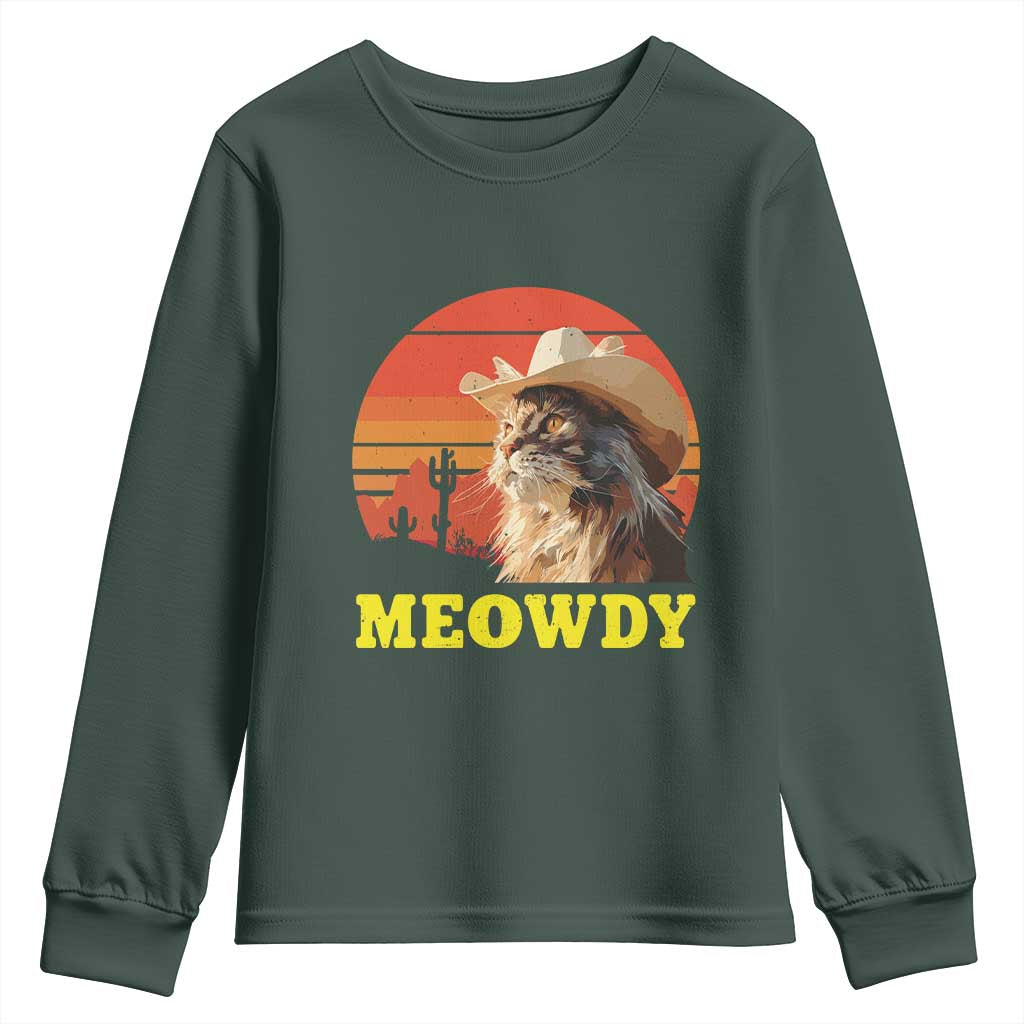 Funny Meowdy Youth Sweatshirt Country Music Western Cowboy Cat TS11 Dark Forest Green Print Your Wear
