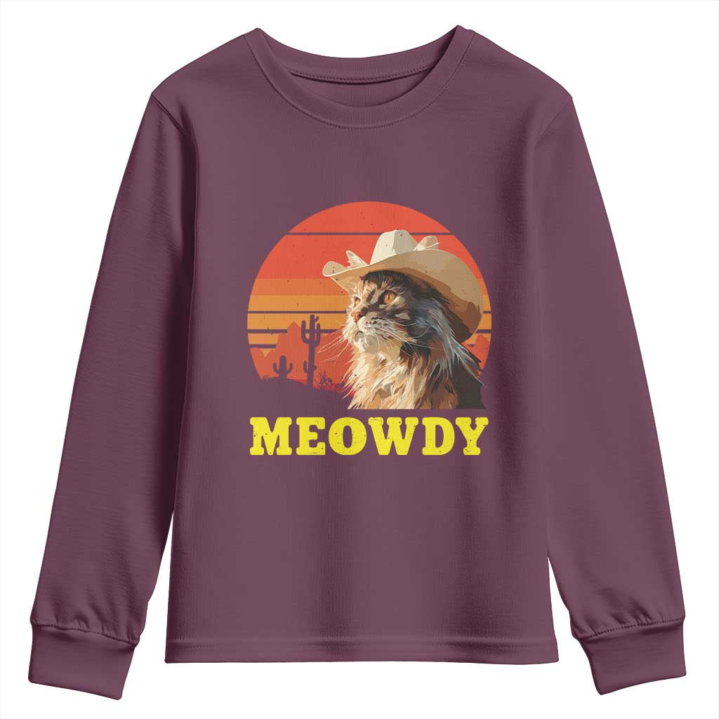 Funny Meowdy Youth Sweatshirt Country Music Western Cowboy Cat TS11 Maroon Print Your Wear