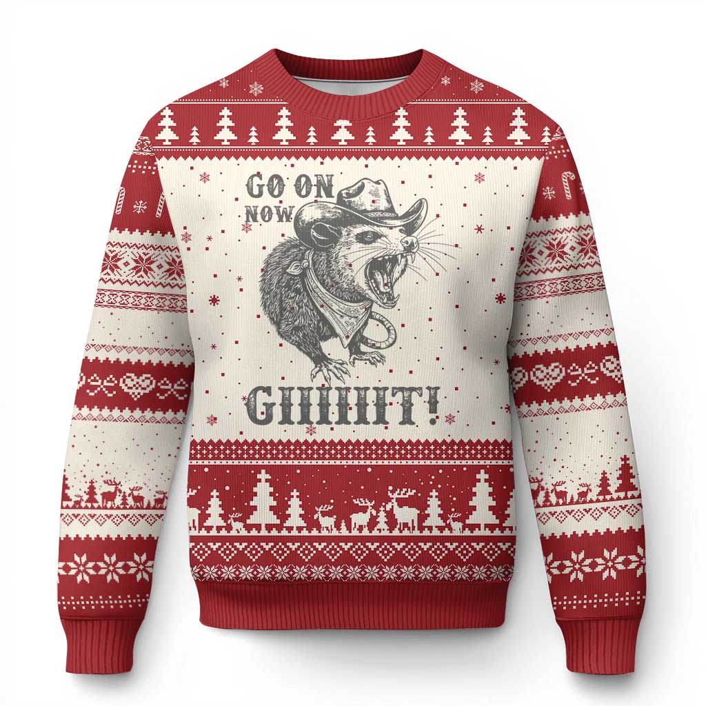 Funny Cowboy Opossum Ugly Christmas Sweater Go On Now Git Western Country Opossum TS11 Beige Red Print Your Wear