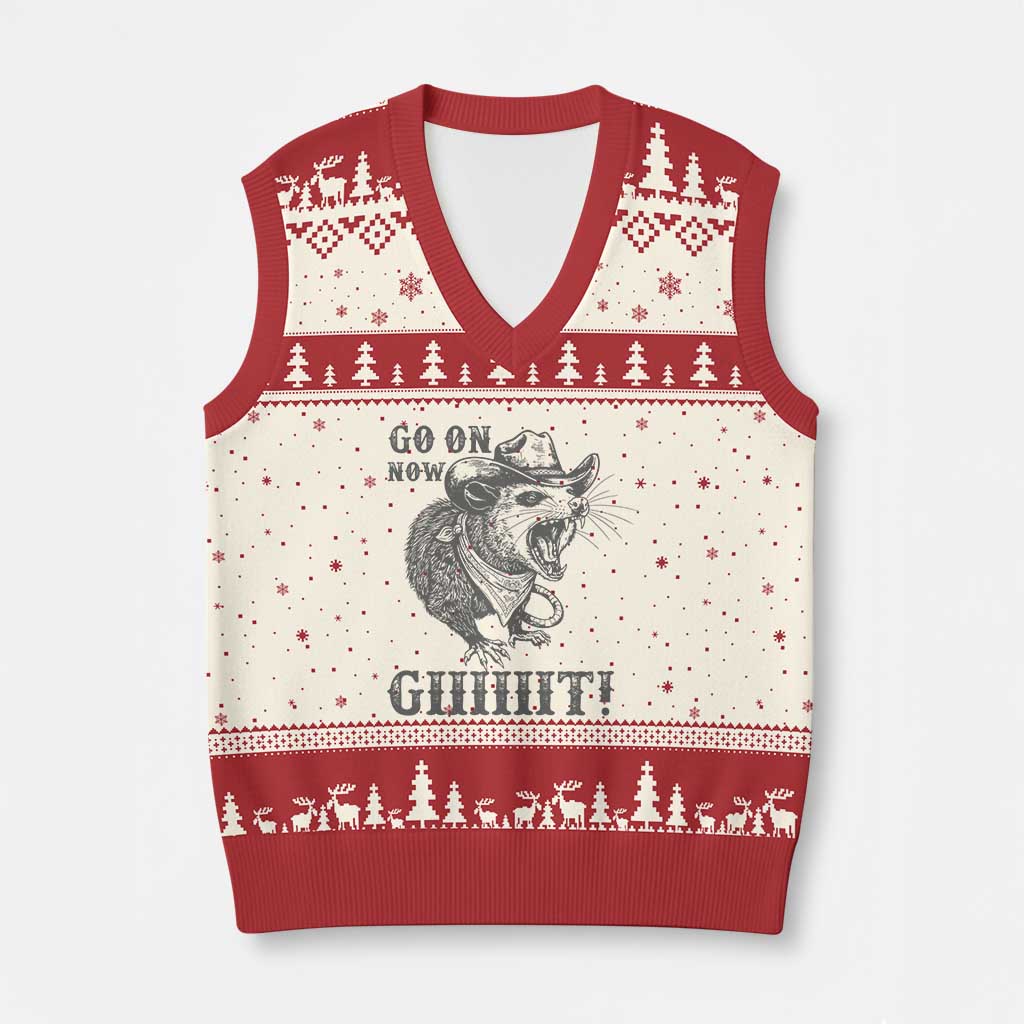 Funny Cowboy Opossum V-Neck Knit Sweater Vest Go On Now Git Western Country Opossum TS11 Beige Red Print Your Wear