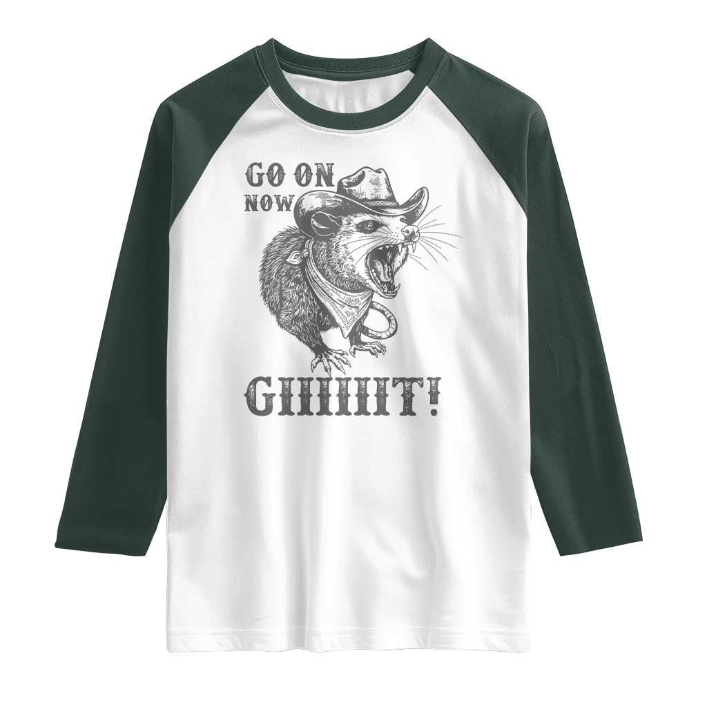 Funny Cowboy Opossum Raglan Shirt Go On Now Git Western Country Opossum TS11 White Dark Forest Green Print Your Wear