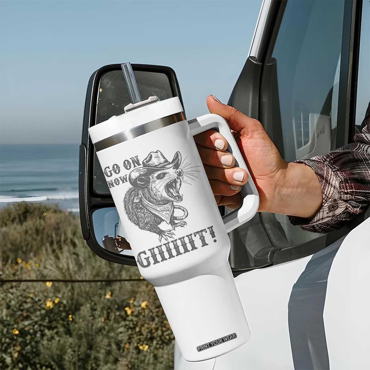 Funny Cowboy Opossum Tumbler With Handle Go On Now Git Western Country Opossum TS11 Print Your Wear