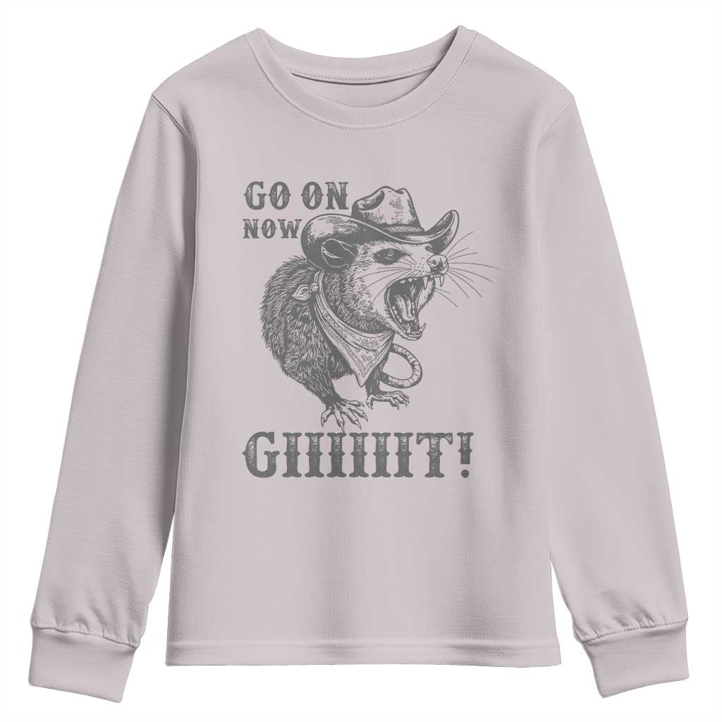 Funny Cowboy Opossum Youth Sweatshirt Go On Now Git Western Country Opossum TS11 Ice Gray Print Your Wear