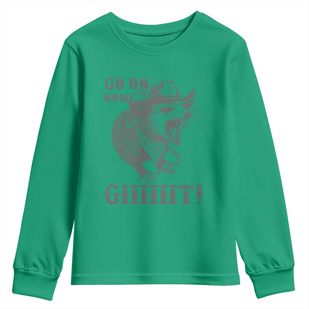Funny Cowboy Opossum Youth Sweatshirt Go On Now Git Western Country Opossum TS11 Irish Green Print Your Wear