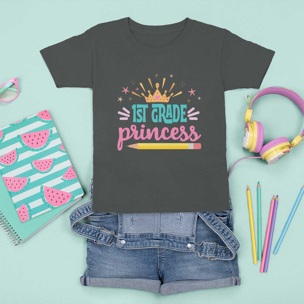 Back To School T Shirt For Kid 1ST Grade Princess Lovely Yellow Crown Pencil Cute Star TS11 Dark Heather Print Your Wear