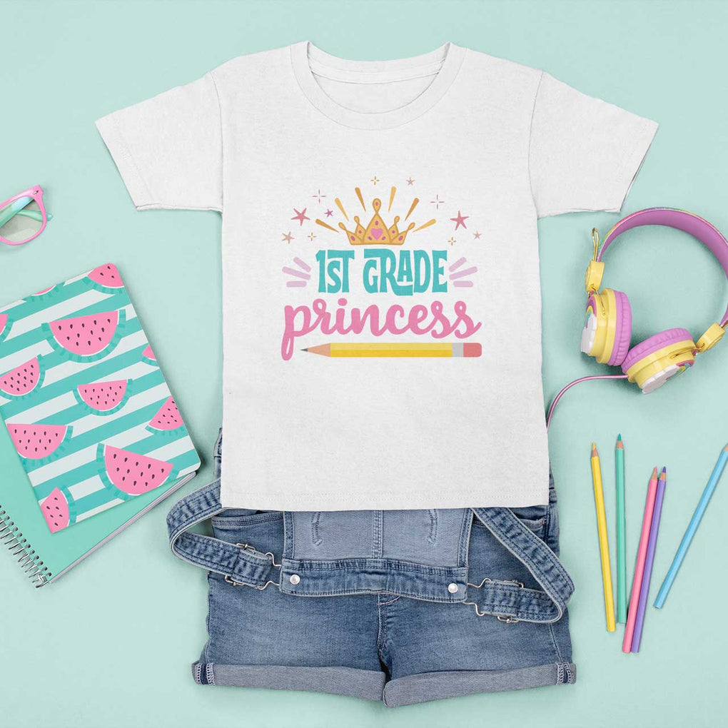 Back To School T Shirt For Kid 1ST Grade Princess Lovely Yellow Crown Pencil Cute Star TS11 White Print Your Wear