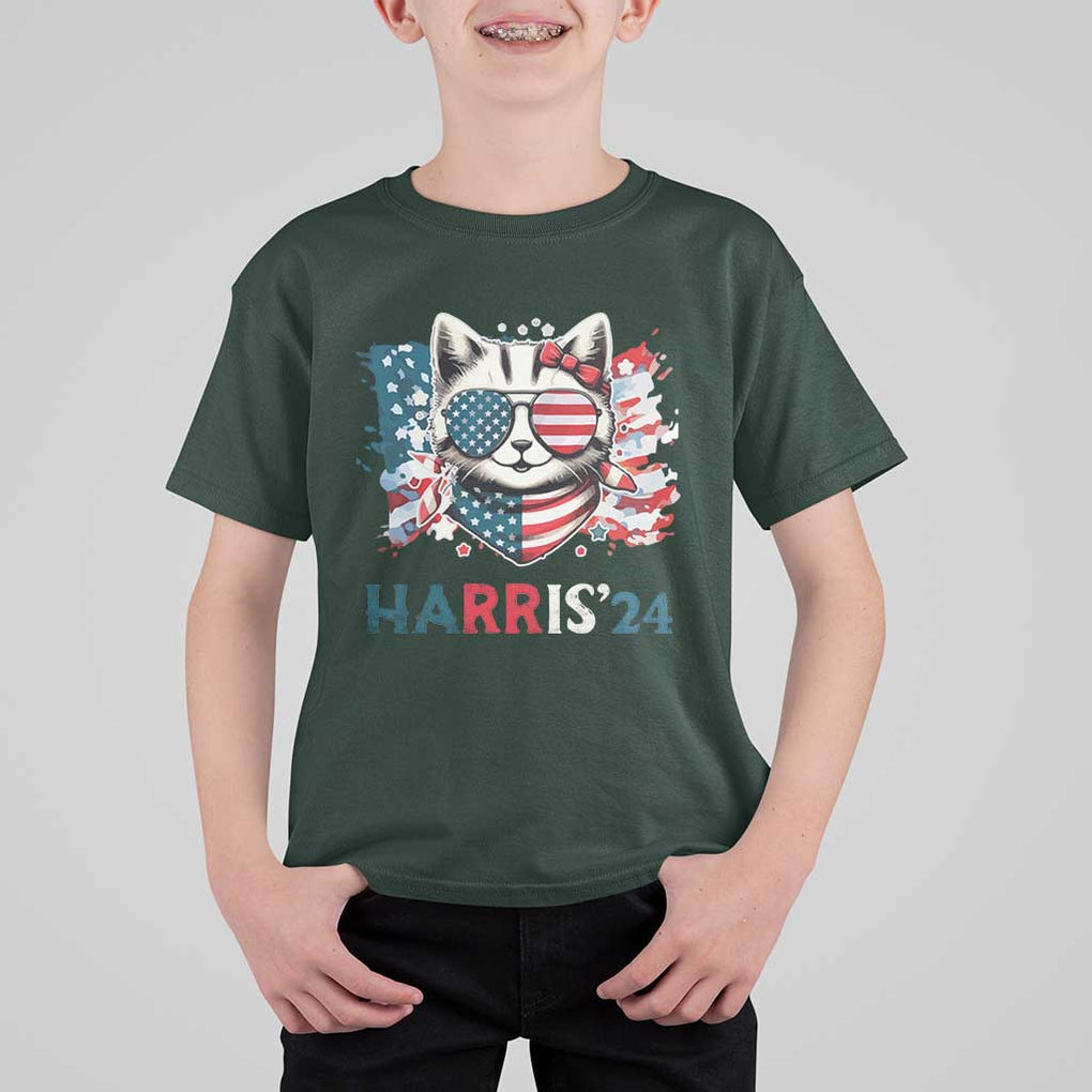 Harris'24 T Shirt For Kid Childless Cat Lady American Flag Sunglasses TS11 Dark Forest Green Print Your Wear