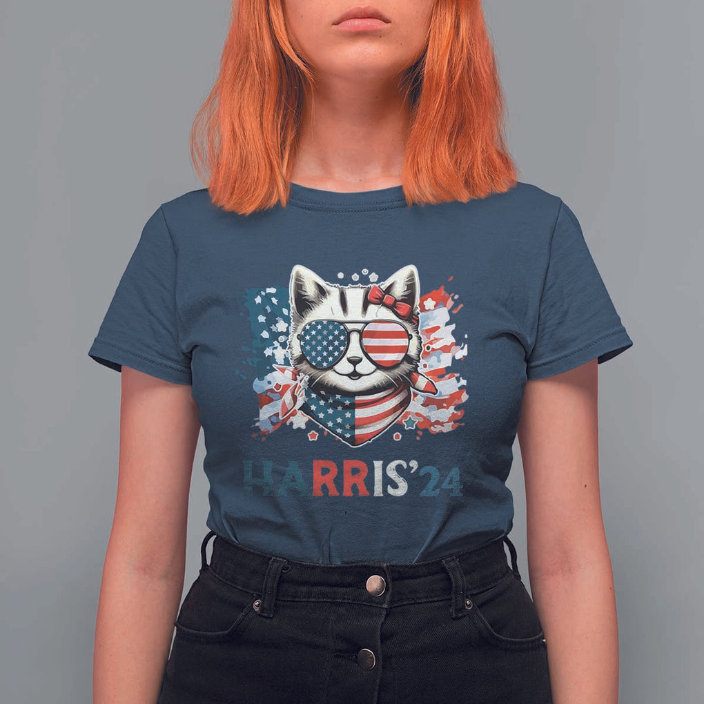 Harris'24 T Shirt For Women Childless Cat Lady American Flag Sunglasses TS11 Navy Print Your Wear