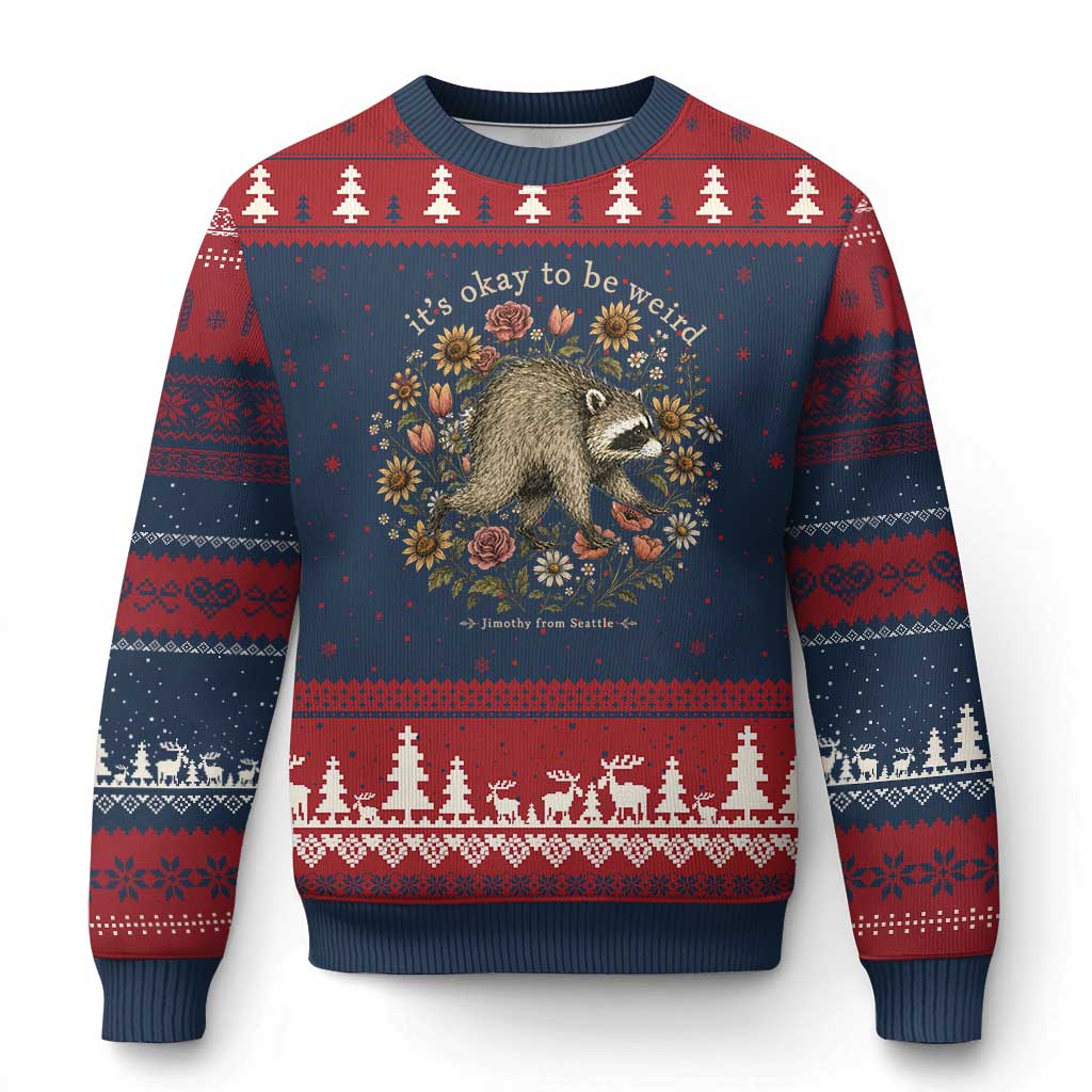 Jimothy From Seattle It's Ok To Be Weird Ugly Christmas Sweater Cottagecore Trash Panda Floral TS11 Navy Red Print Your Wear