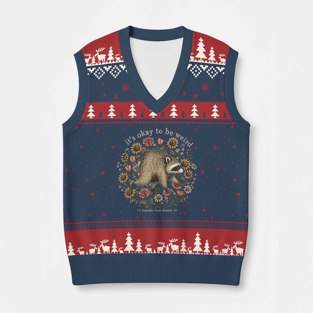 Jimothy From Seattle It's Ok To Be Weird V-Neck Knit Sweater Vest Cottagecore Trash Panda Floral TS11 Navy Red Print Your Wear