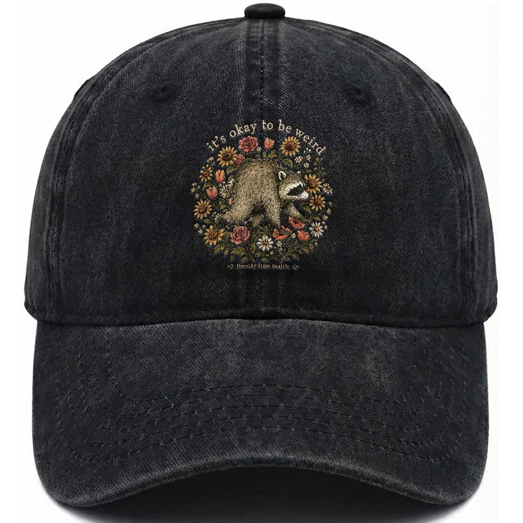 Jimothy From Seattle It's Ok To Be Weird Washed Cotton Baseball Cap Cottagecore Trash Panda Floral TS11 Print Your Wear