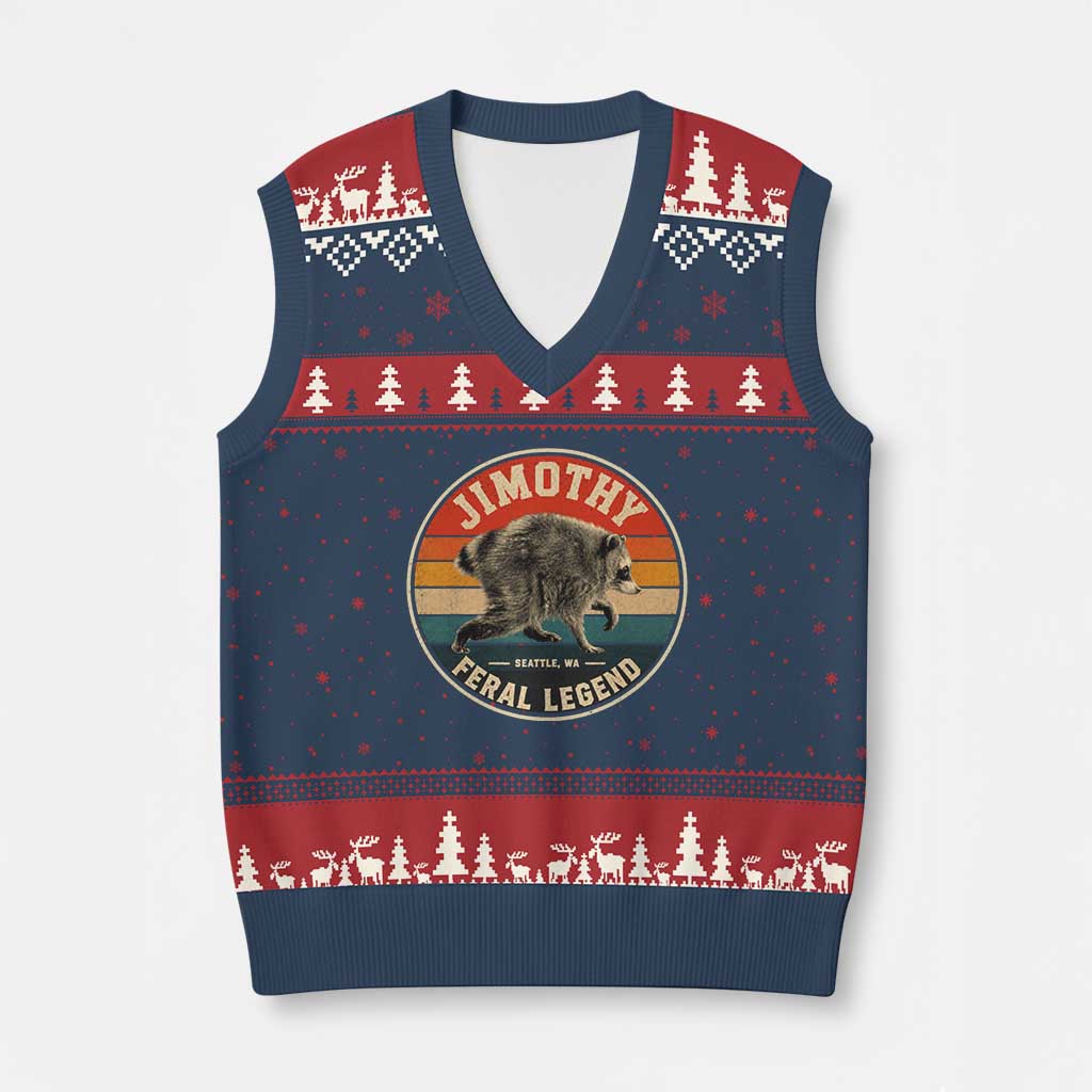 Jimothy Raccoon Seattle Feral Legend V-Neck Knit Sweater Vest Funny Trash Panda Meme Retro TS11 Navy Red Print Your Wear