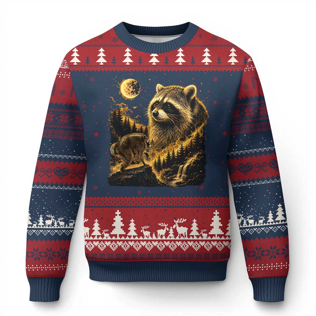 Jimothy Raccoon Howling at The Moon Parody 90s Retro Ugly Christmas Sweater