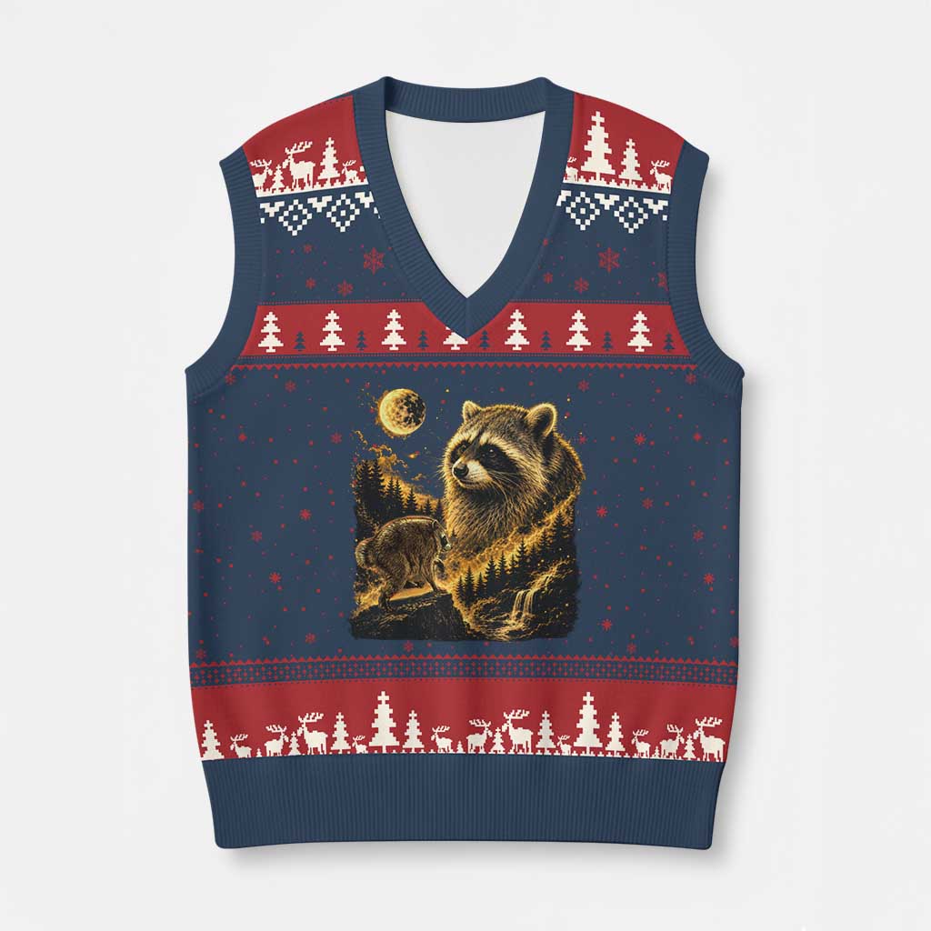 Jimothy Raccoon Howling at The Moon Parody 90s Retro V-Neck Knit Sweater Vest TS11 Navy Red Print Your Wear