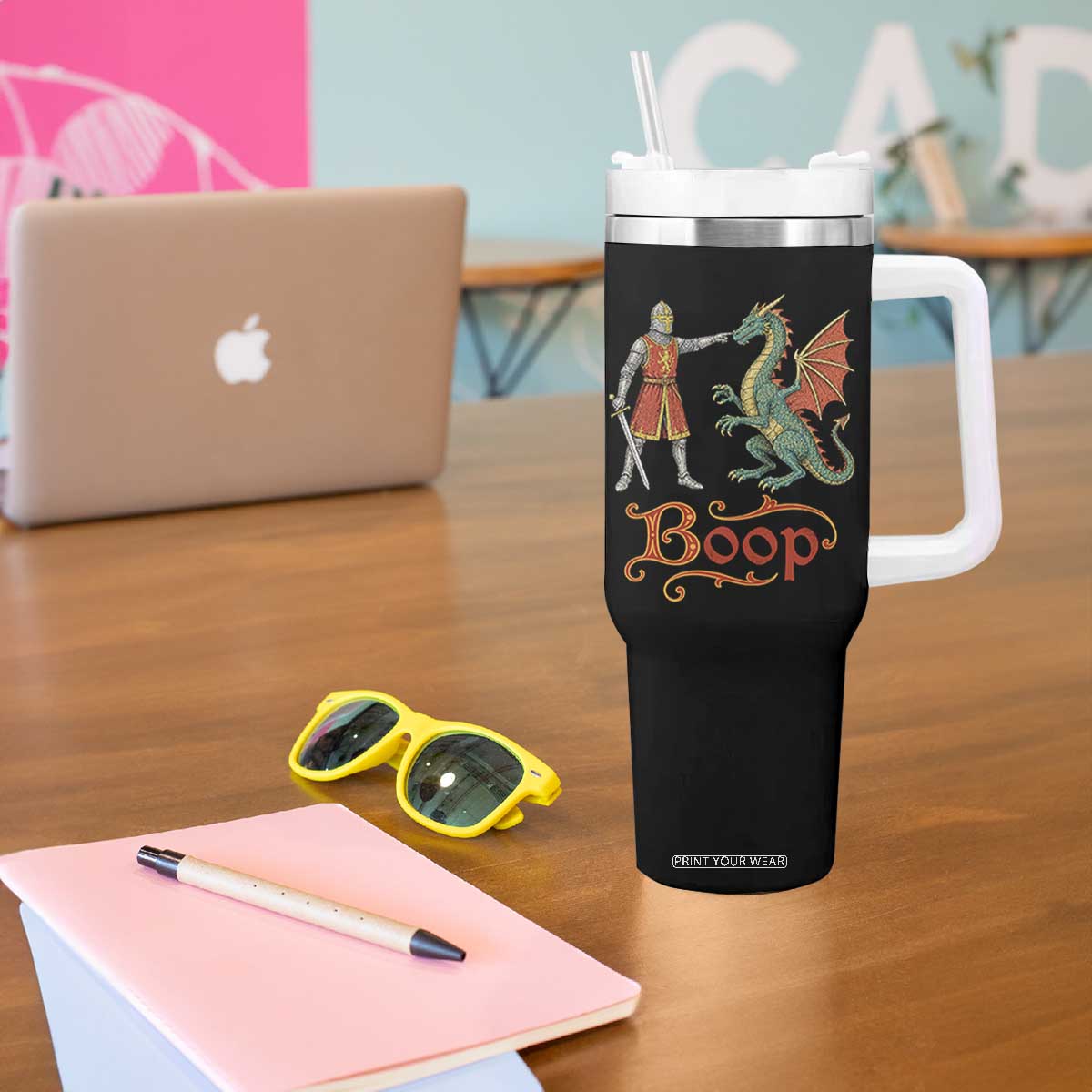 Boop Medieval Knight Dragon Tumbler With Handle Funny Ren Faire Dark Fantasy