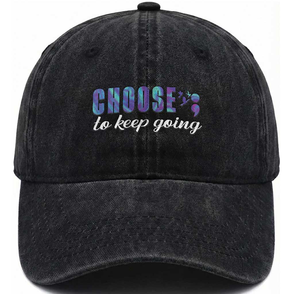 Suicide Prevention Awareness Washed Cotton Baseball Cap Choose To Keep Going Semicolon Birds