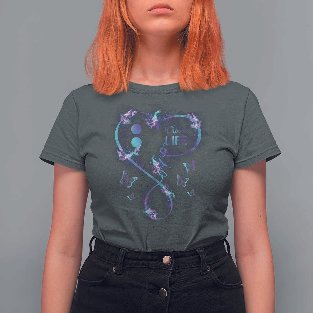 Suicide Prevention Awareness T Shirt For Women Choose Life Love Heart Semicolon Butterfly TS11 Dark Heather Print Your Wear