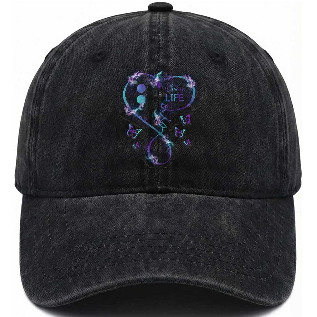 Suicide Prevention Awareness Washed Cotton Baseball Cap Choose Life Love Heart Semicolon Butterfly