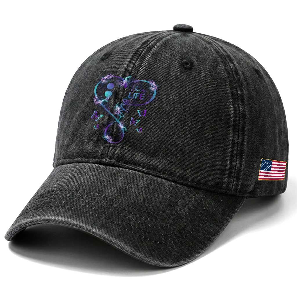 Suicide Prevention Awareness Washed Cotton Baseball Cap Choose Life Love Heart Semicolon Butterfly