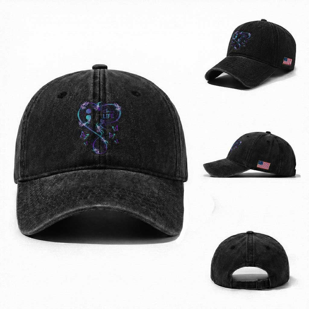 Suicide Prevention Awareness Washed Cotton Baseball Cap Choose Life Love Heart Semicolon Butterfly