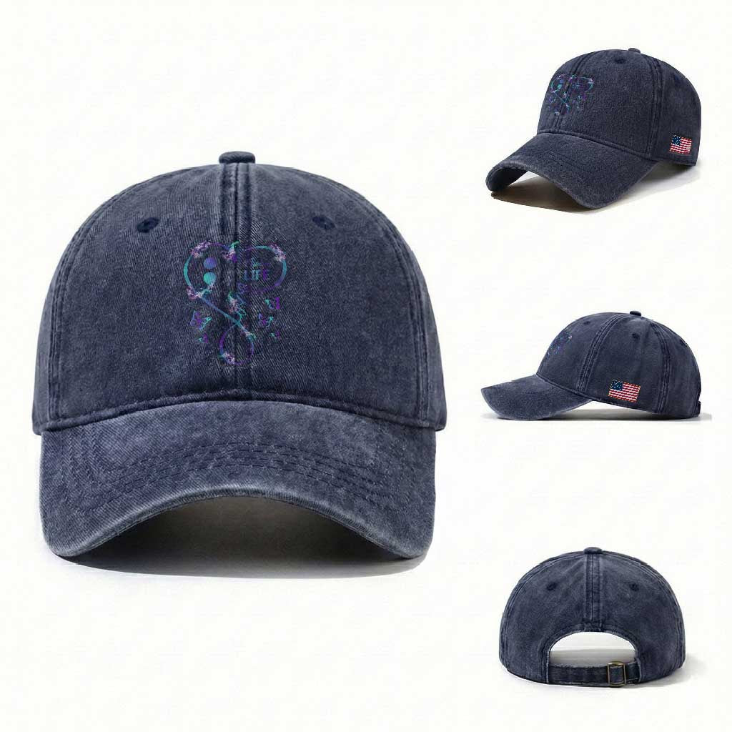 Suicide Prevention Awareness Washed Cotton Baseball Cap Choose Life Love Heart Semicolon Butterfly