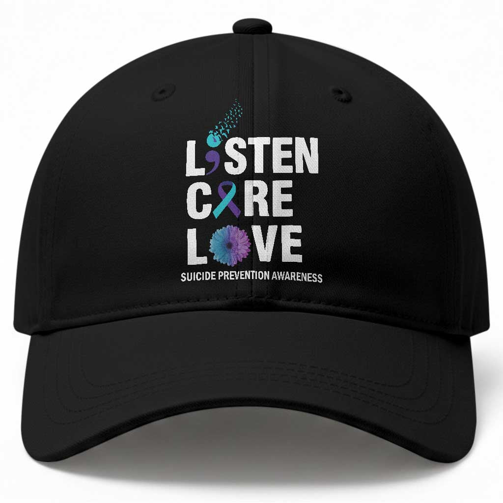 Suicide Prevention Awareness Baseball Cap Listen Care Love Semicolon Bird Flower Ribbon