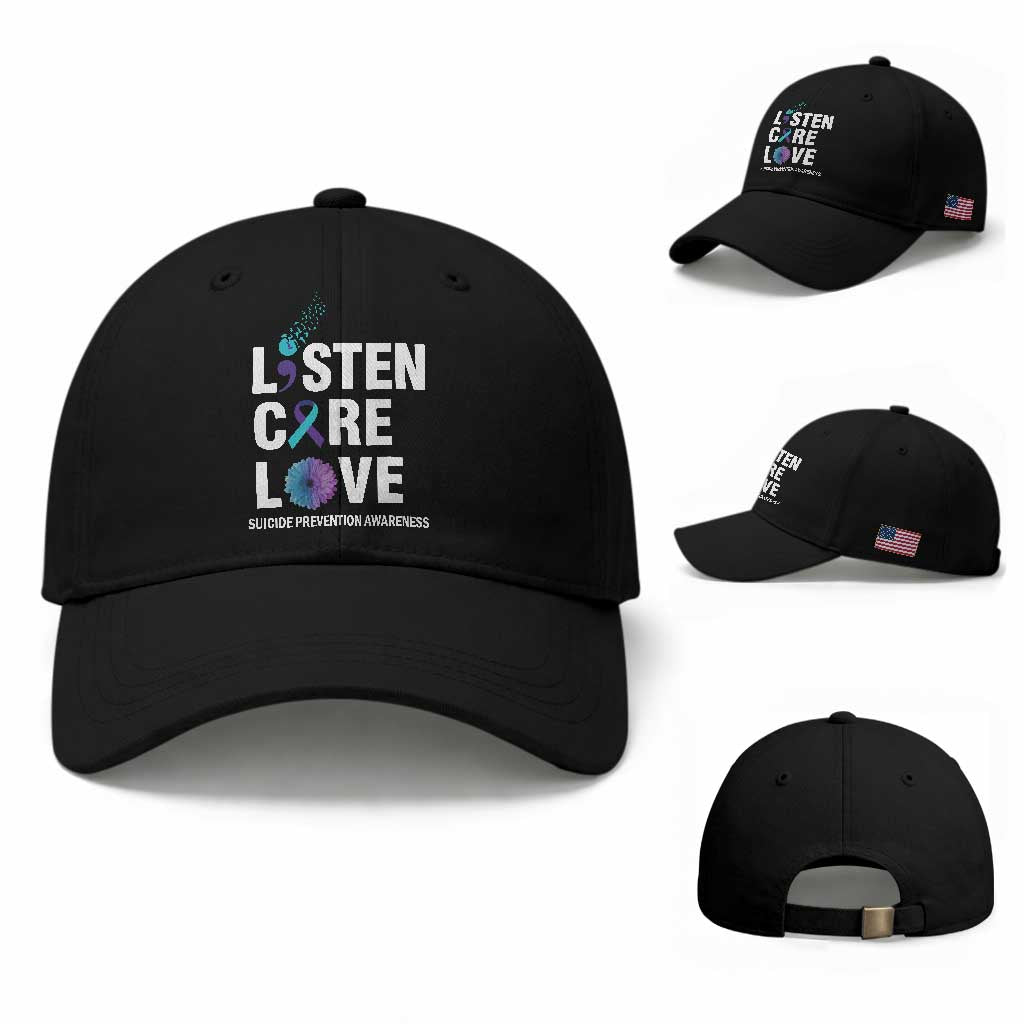 Suicide Prevention Awareness Baseball Cap Listen Care Love Semicolon Bird Flower Ribbon