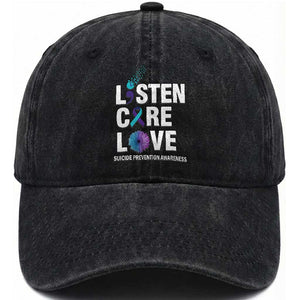 Suicide Prevention Awareness Washed Cotton Baseball Cap Listen Care Love Semicolon Bird Flower Ribbon