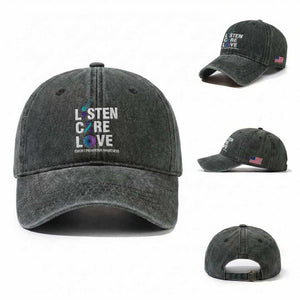 Suicide Prevention Awareness Washed Cotton Baseball Cap Listen Care Love Semicolon Bird Flower Ribbon