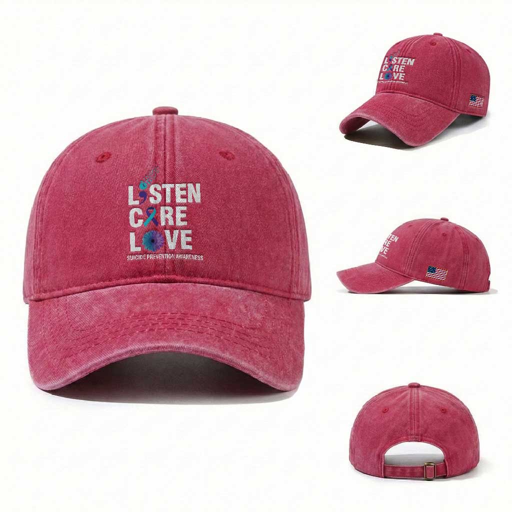 Suicide Prevention Awareness Washed Cotton Baseball Cap Listen Care Love Semicolon Bird Flower Ribbon