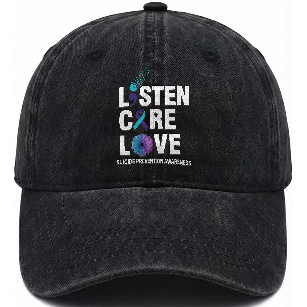 Suicide Prevention Awareness Washed Cotton Baseball Cap Listen Care Love Semicolon Bird Flower Ribbon TS11 Print Your Wear