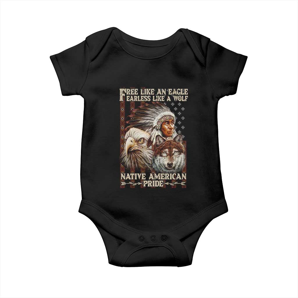 Native American Pride Baby Onesie Free Like An Eagle Fearless Like A Wolf Vintage Flag TS11 Black Print Your Wear