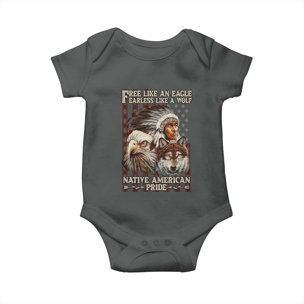 Native American Pride Baby Onesie Free Like An Eagle Fearless Like A Wolf Vintage Flag TS11 Dark Heather Print Your Wear