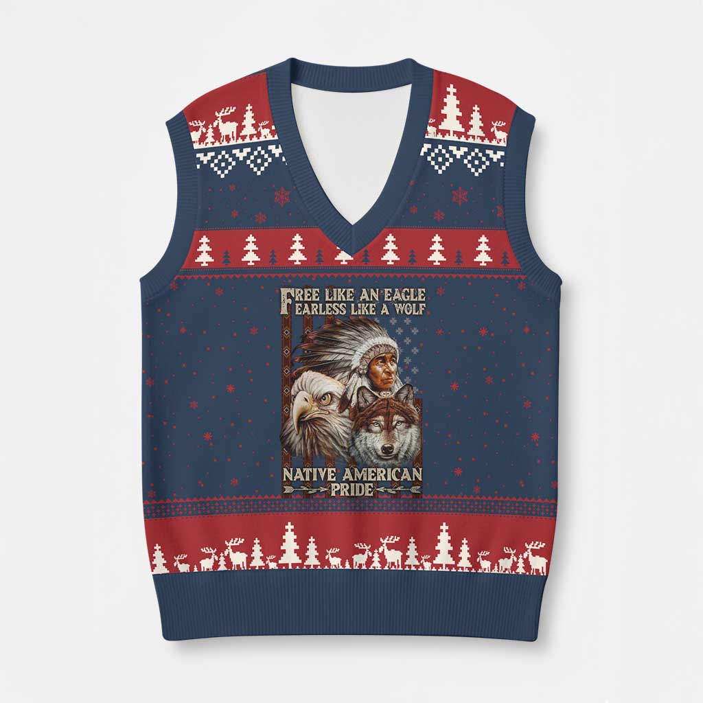 Native American Pride V-Neck Knit Sweater Vest Free Like An Eagle Fearless Like A Wolf Vintage Flag TS11 Navy Red Print Your Wear