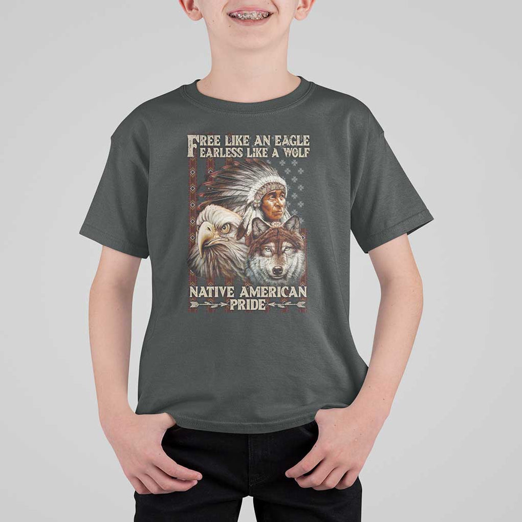Native American Pride T Shirt For Kid Free Like An Eagle Fearless Like A Wolf Vintage Flag TS11 Dark Heather Print Your Wear