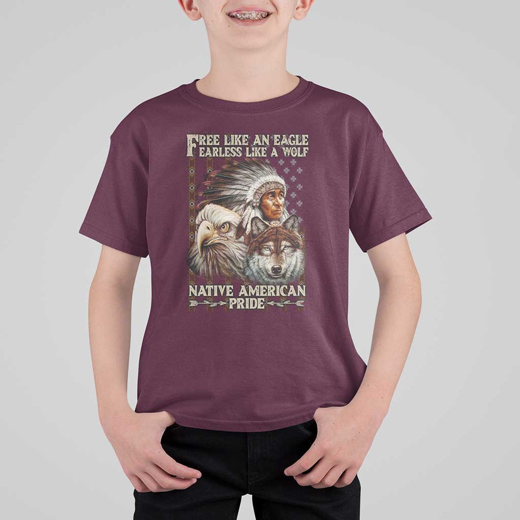 Native American Pride T Shirt For Kid Free Like An Eagle Fearless Like A Wolf Vintage Flag TS11 Maroon Print Your Wear