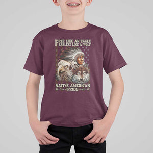 Native American Pride T Shirt For Kid Free Like An Eagle Fearless Like A Wolf Vintage Flag TS11 Maroon Print Your Wear