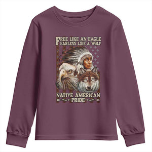 Native American Pride Youth Sweatshirt Free Like An Eagle Fearless Like A Wolf Vintage Flag TS11 Maroon Print Your Wear