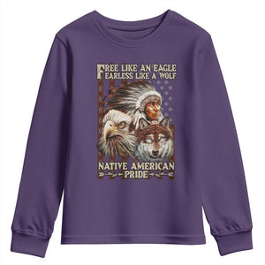 Native American Pride Youth Sweatshirt Free Like An Eagle Fearless Like A Wolf Vintage Flag TS11 Purple Print Your Wear