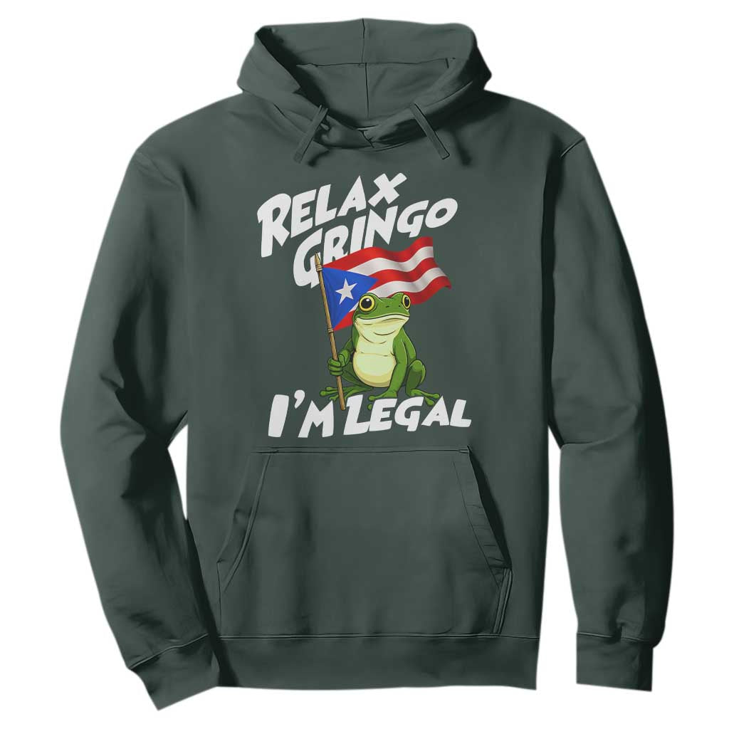 Funny Relax Gringo I Am Legal Hoodie Puerto Rico Flag Coqui Frog TS11 Dark Forest Green Print Your Wear