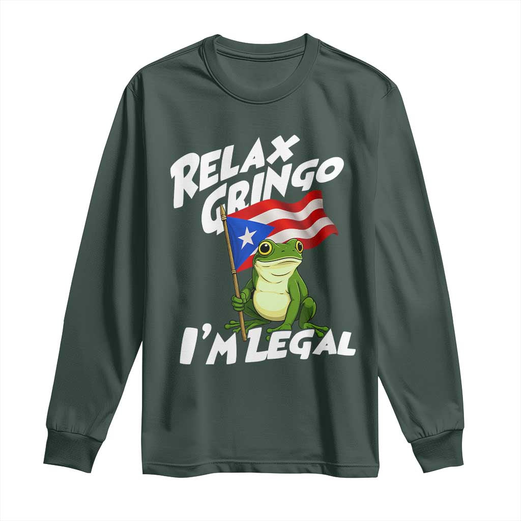 Funny Relax Gringo I Am Legal Long Sleeve Shirt Puerto Rico Flag Coqui Frog TS11 Dark Forest Green Print Your Wear