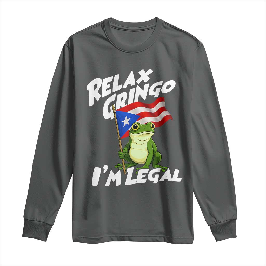 Funny Relax Gringo I Am Legal Long Sleeve Shirt Puerto Rico Flag Coqui Frog TS11 Dark Heather Print Your Wear